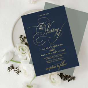 Elegante Blaue Salbei-Gold-Moderne Kalligrafie-Hoc Folieneinladung
