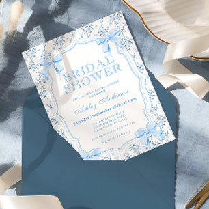 Elegante blaue Schleife Coquette Hochzeitsdusche-E Einladung