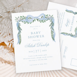 Elegante Blaue Schleife Junge Baby Shower Einladun Postkarte