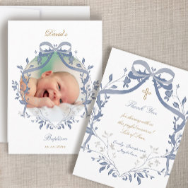 elegante blaue Schleife Taufe kleine Dankeskarten Einladung