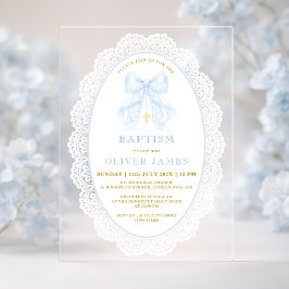 Elegante blaue Schleife und Kreuz Jungen-Taufe Acryleinladungen