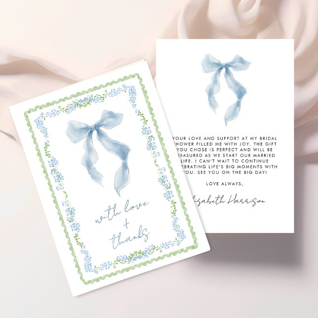Elegante blaue Schleife Wasserfarbe Junggesellinne Dankeskarte (Elegant Blue Bow Watercolor Bridal Shower Thank You Card)