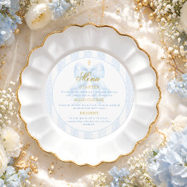 Elegante blaue Schleifen-Spitze Jungen-Taufe Menükarte