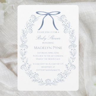 Elegante blaue Schleifen und Blumen-Baby-Party Einladung