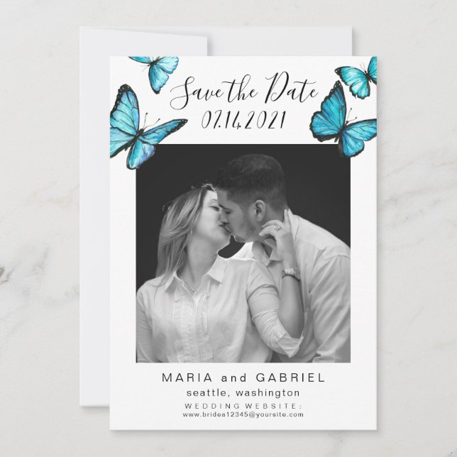 Elegante blaue Schmetterlinge. Hochzeit von Foto Save The Date (Vorderseite)