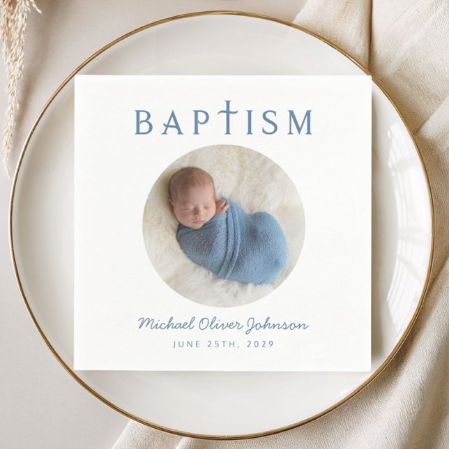Elegante Blaue Schrift Foto Taufe Serviette (Elegant Blue Script Photo Baptism Napkins)