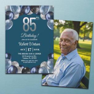 Elegante blaue Silber-Glitter 85. Geburtstagsfoto Einladung