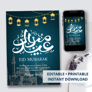 Elegante Blaue Skizze Moschee Eid Mubarak Grußkart Feiertagskarte