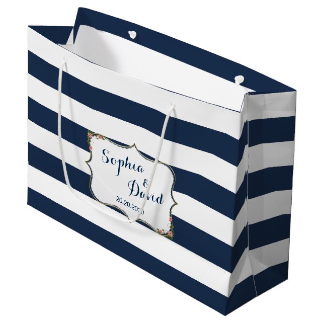 Elegante blaue Streifen Hochzeitskiste Große Geschenktüte (Vorderseite Schrägansicht)