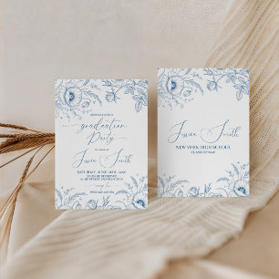 Elegante blaue Toile-Blumen-Abschluss-Einladung Einladung