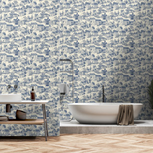 Elegante blaue Toile-de-Jouy-Dorf-Peel-&-Stick Tapete