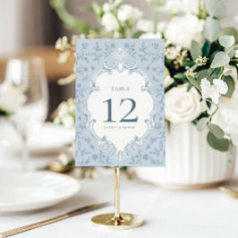 Elegante blaue Toile-Hochzeitstisch-Nummernkarte Tischnummer