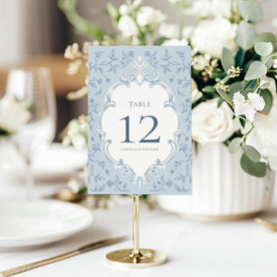 Elegante blaue Toile-Hochzeitstisch-Nummernkarte Tischnummer
