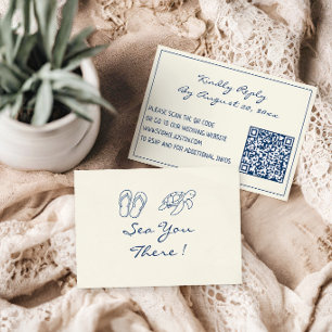 Elegante blaue tropische Blatt-QR-Code-Hochzeit RSVP Karte