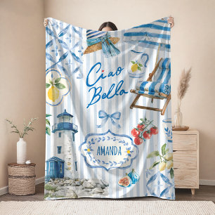 Elegante Blaue Türkis Sizilianische Zitrus Collage Fleecedecke