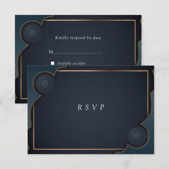 Elegante blaue Türkis und Gold Moderne RSVP Karte (Vorne/Hinten)