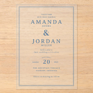 Elegante blaue typografische Hochzeitseinladung Acryleinladungen