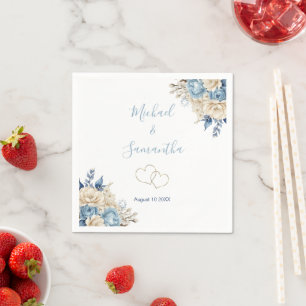 Elegante blaue und elfenbeinfarbene Hochzeitrose Serviette