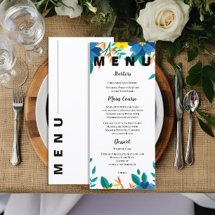 Elegante blaue und gelbe Blumen-Gartenhochzeit Menükarte
