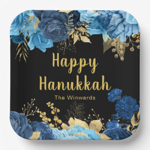 Elegante blaue und goldene Blumen Chanukka-Party Pappteller