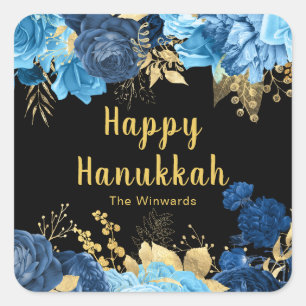 Elegante blaue und goldene Blumen Chanukka-Party Quadratischer Aufkleber