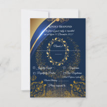 Elegante blaue und goldene Blumen-RSVP-Karte |