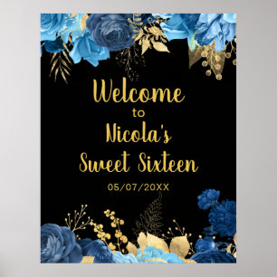 Elegante blaue und goldene Blumen Sweet Sixteen Poster