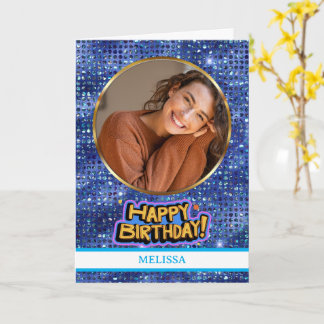 Elegante blaue und goldene Glitter-Foto-Name-Birth Karte