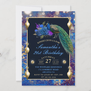 Elegante blaue und goldene Pfauen Ornamente zum Ge Einladung