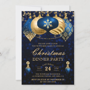 Elegante blaue und goldene Weihnachtskugeln zum Di Einladung