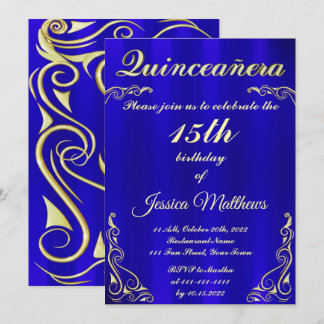 Elegante Blaue und Goldtypografie Quinceañera Einladung