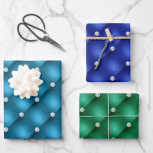 Elegante blaue und grüne Diamant gepolsterte Muste Geschenkpapier Set