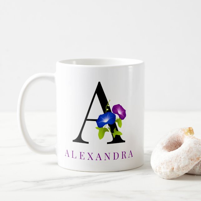 Elegante blaue und Lila Morgenglorie Blume Kaffeetasse (Mit Donut)