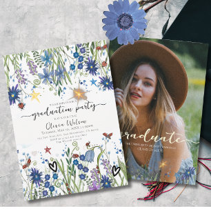 Elegante blaue und marineblaue Floral- und Foto-Ab Einladung