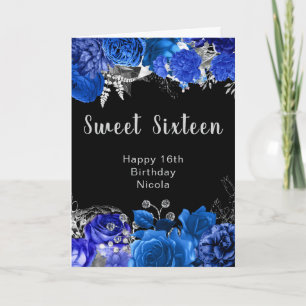 Elegante blaue und silberne Blumen Sweet Sixteen Karte