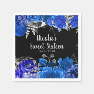 Elegante blaue und silberne Blumen Sweet Sixteen Serviette