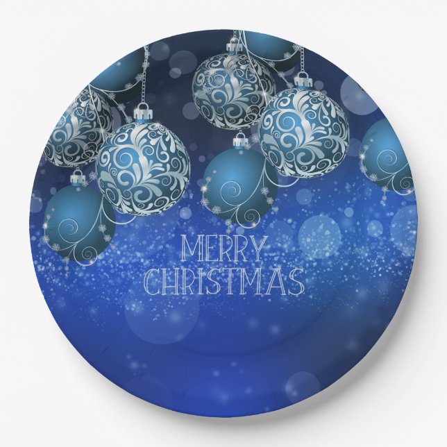 Elegante blaue und silberne Weihnachtskugeln Pappteller (Vorderseite)
