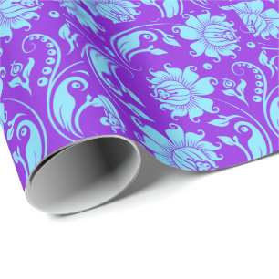 Elegante blaue und violette florale Damastmuster Geschenkpapier