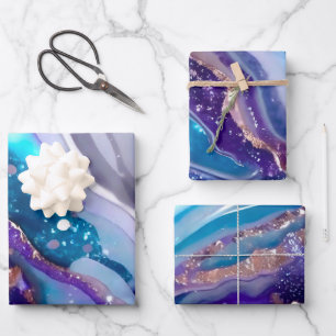 Elegante blaue und violette Glittermarmor-Muster Geschenkpapier Set