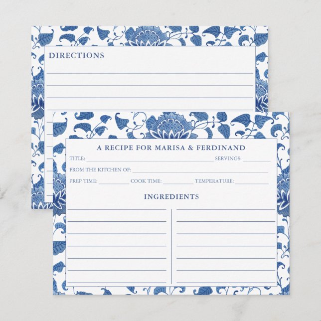 Elegante, blaue und weiße China Muster Rezeptkarte Einladung (Vorne/Hinten)