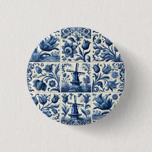 Elegante blaue und weiße Delfter Kachel Button