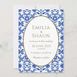Elegante, blaue und weiße Einladung zur Hochzeit