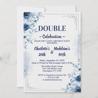 Elegante blaue und weiße florale gemeinsame Geburt Einladung