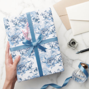 Elegante blaue und weiße gravierte Pfingstrosen Geschenkpapier