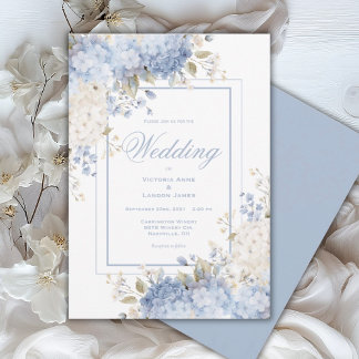 Elegante blaue und weiße Hortensien-Hochzeitseinla Einladung