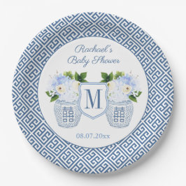 Elegante blaue und weiße Monogramm-Blumenspulendus Pappteller
