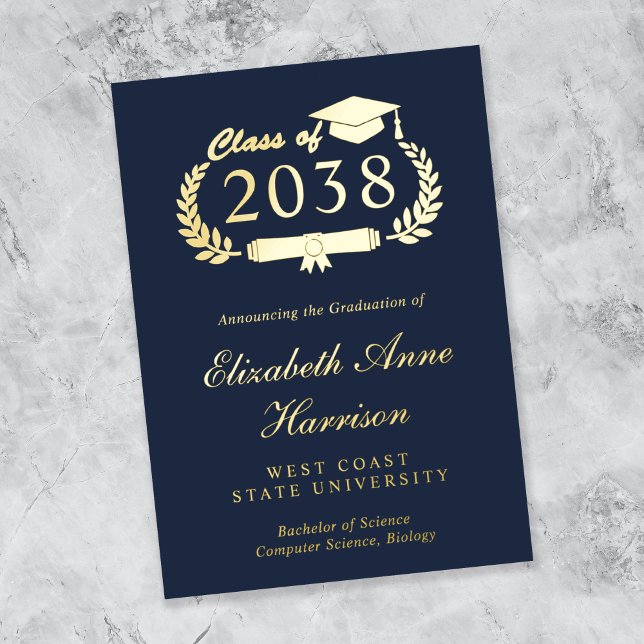 Elegante Blaue Uni-Abschluß Ankündigung (An elegant photo collage foil graduation announcement to celebrate the graduate's achievements)