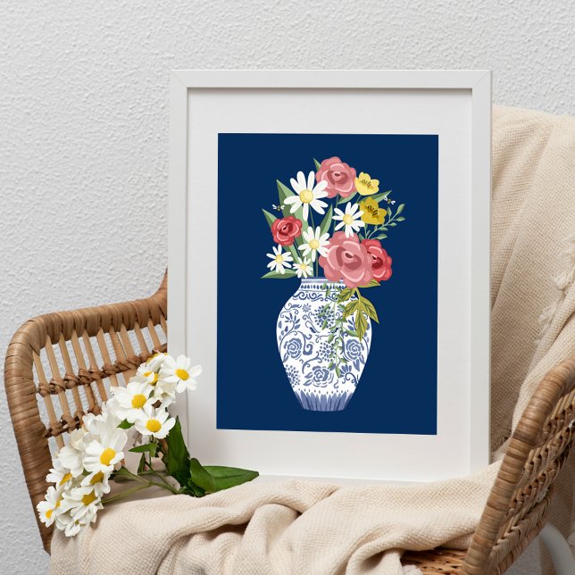 Elegante blaue Vase und blühende Blume Poster (Elegant Blue Pottery Vase And Blooming Flowers Poster)