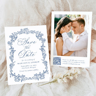 Elegante blaue viktorianische Blumen-QR-Code-Hochz Save The Date