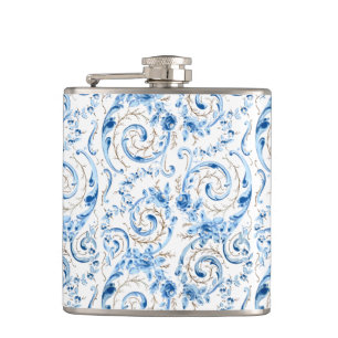 Elegante blaue viktorianische Rosen und Schnörkel Flachmann